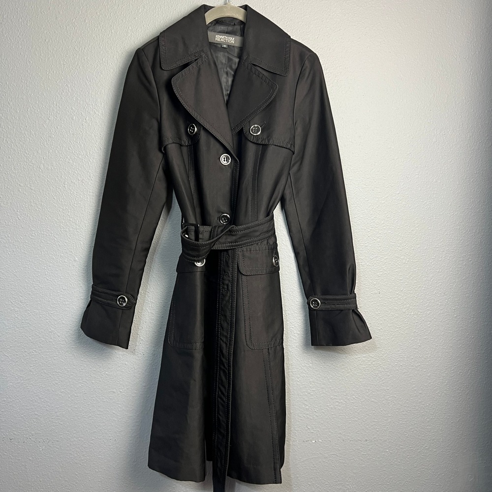Kenneth Cole Reaction Black Trench Coat Double Breasted Belted Classic Staple